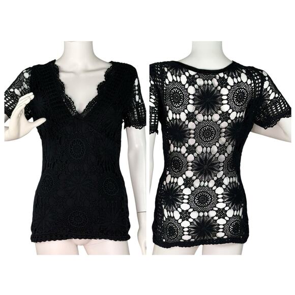 Vtg Y2K 90s Crochet Babydoll Top Sweater Grunge Goth Boho Black Size S - Picture 1 of 8